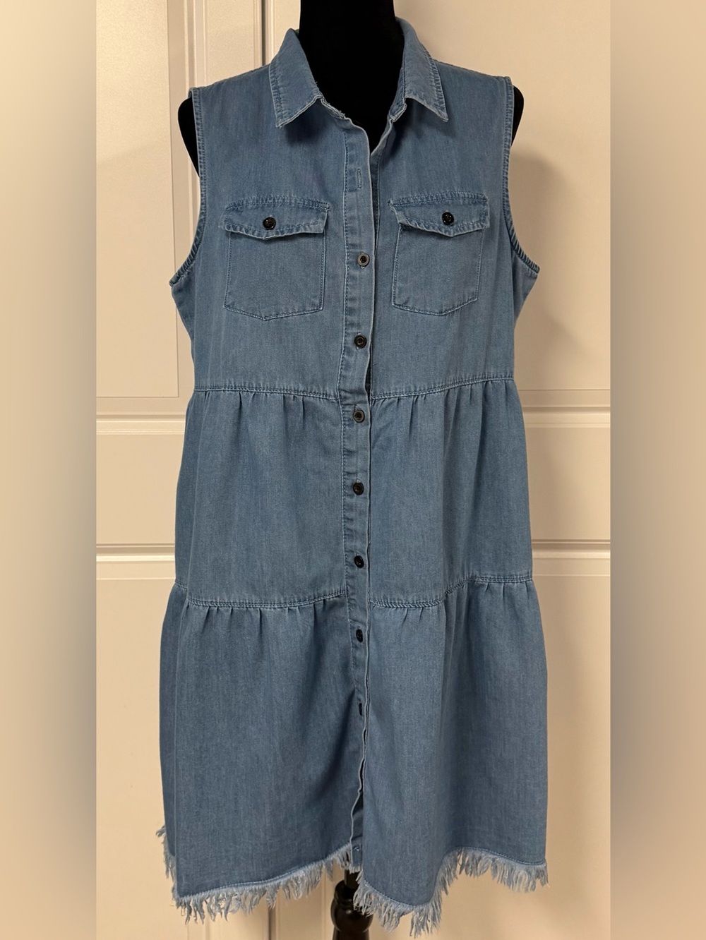 Luvamia Button Down Tiered Denim Jean Dress